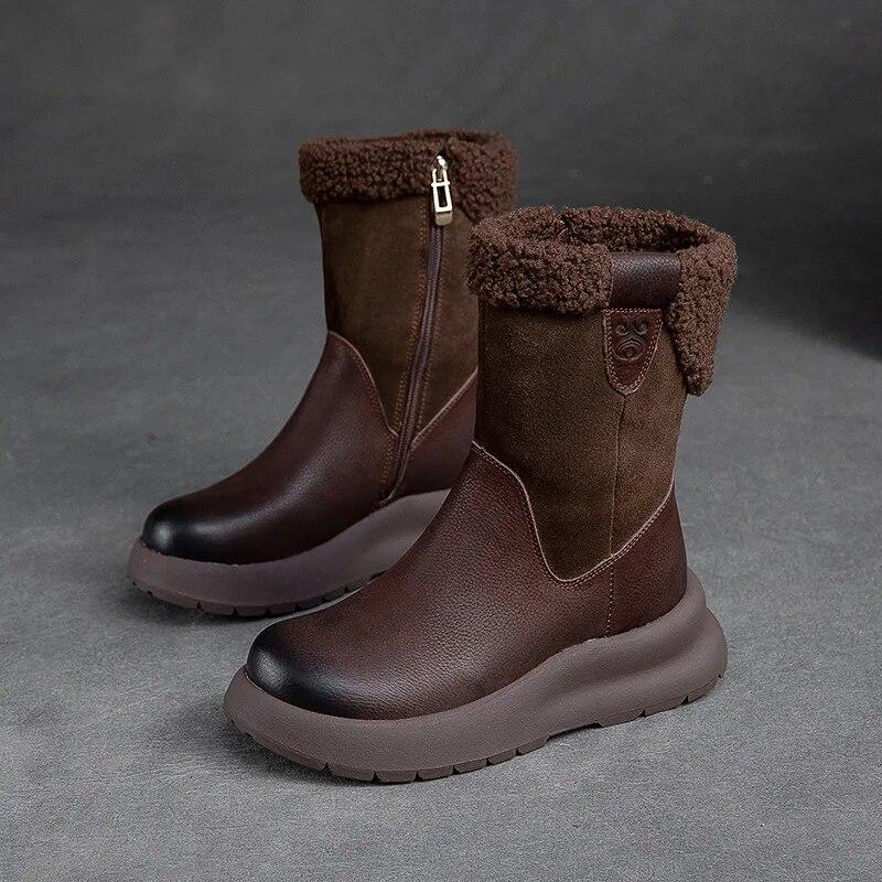 Snow Boots Genuine Leather Plush Warm Solid Color Thick Sole Women's Mid-calf Short Boots