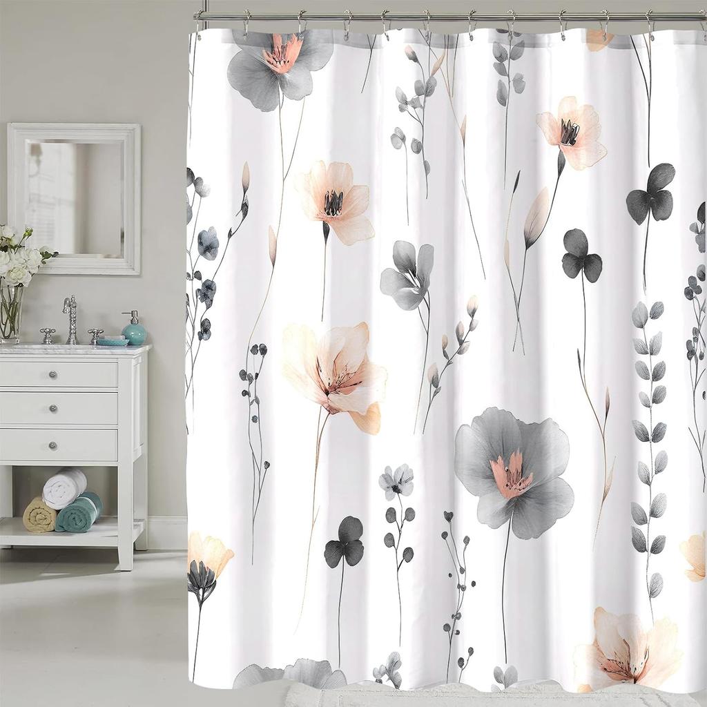 Gray Beige Floral Shower Curtain, Watercolor Floral Bathroom Shower Curtain, Modern Simple Waterproof Fabric Bathroom Decor