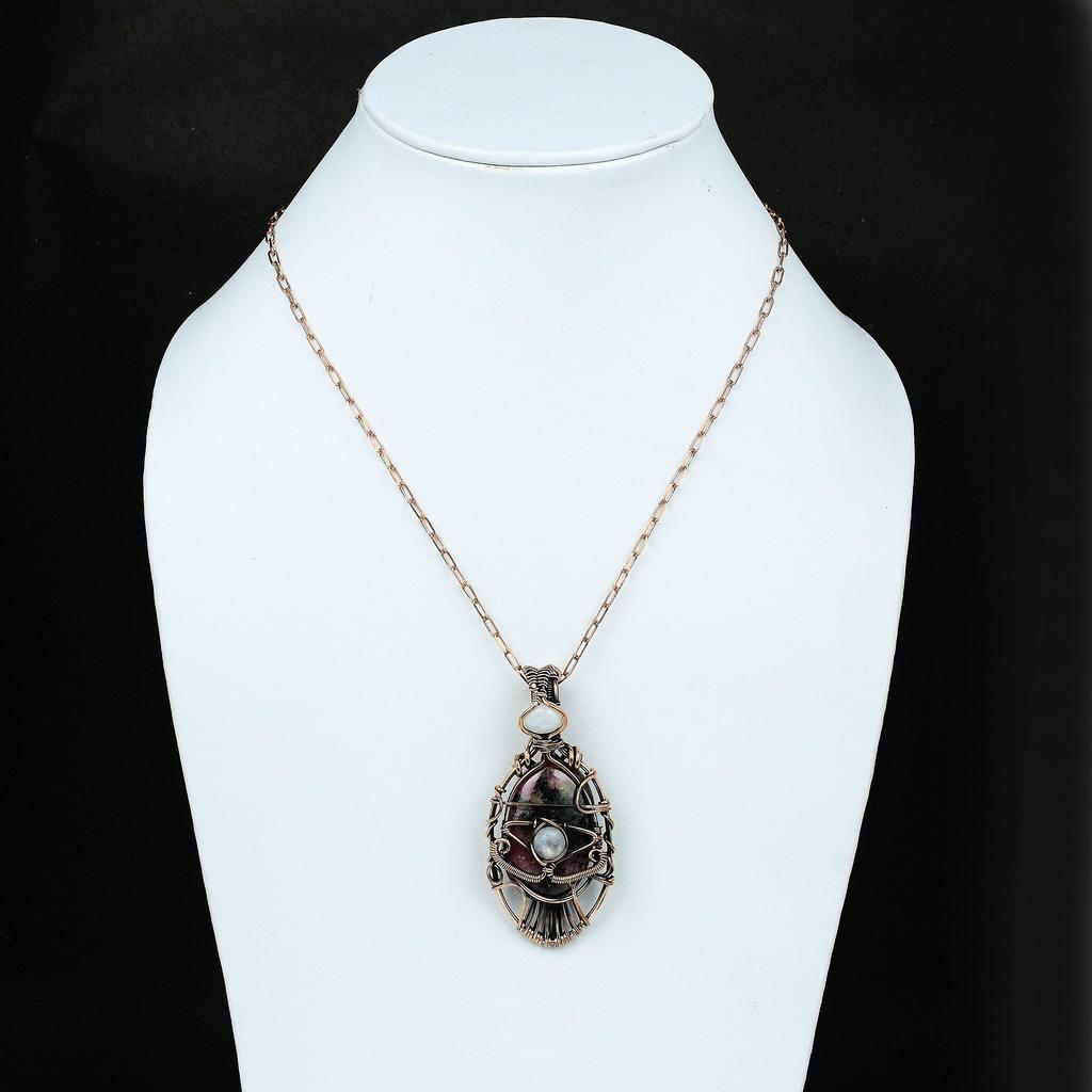 Подвеска из родонита от сглаза, драгоценный камень, обернутый в проволоку, подвеска из лунного камня, медная бижутерия, кулон ручной работы от сглаза, подарок для матери