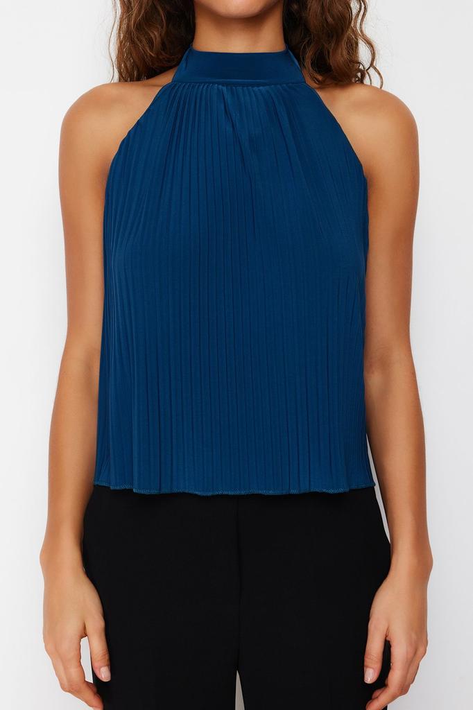 Women's Fashion New Blouse Black Pleated Halter Collar Regular Normal Fit Flexible Knitted Blouse