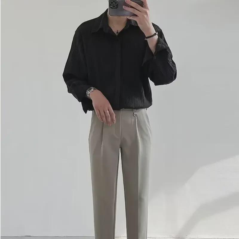 Мужской полосатый свободный повседневный топ в корейском стиле с длинными рукавами без утюга на осень