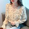 Мода 2024 Осень Длинные рукава Оборки V-образный вырез Принт Шифон Блузка Рубашка Женские Топы Блузки Рубашки J552