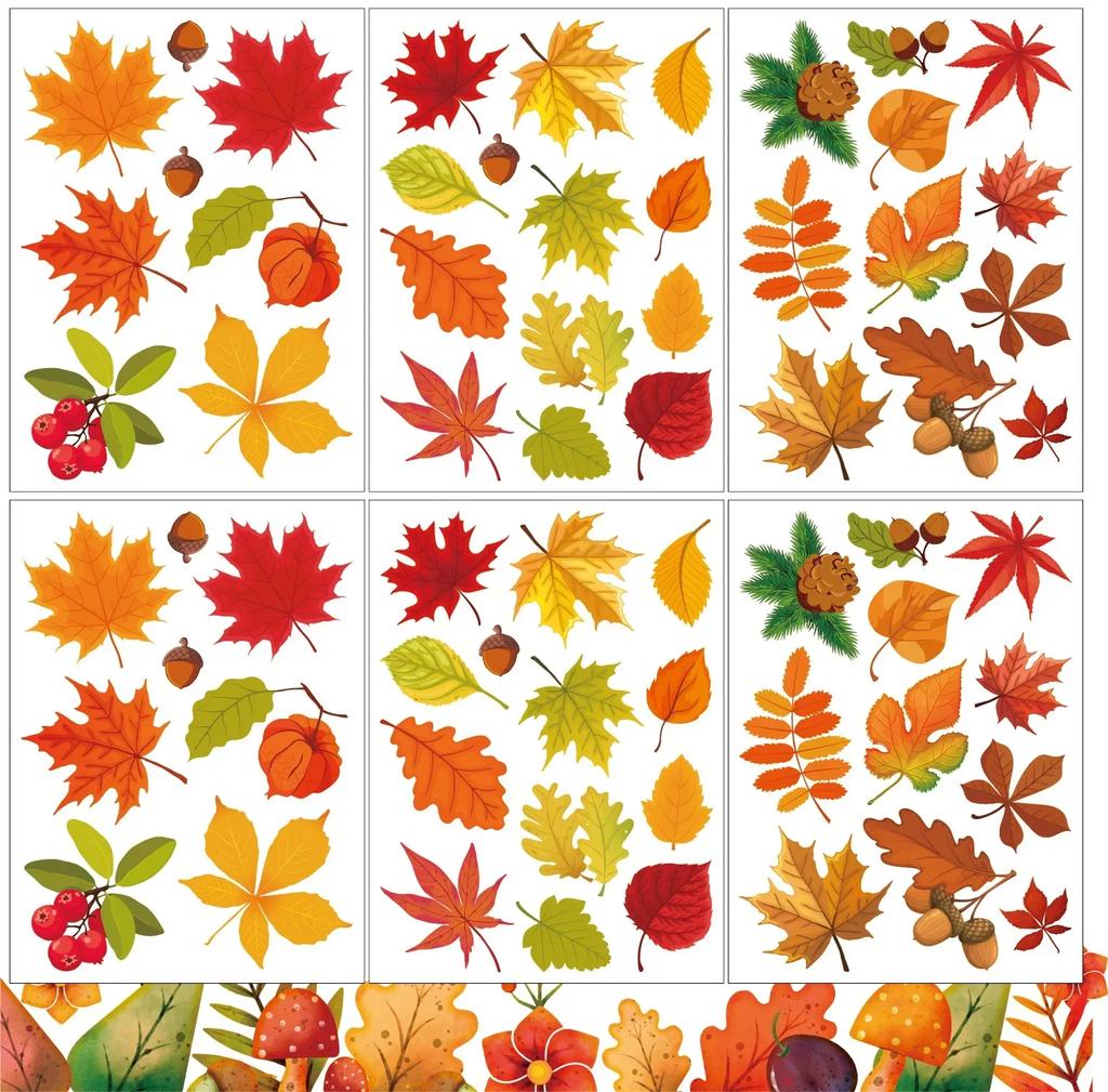 Thanksgiving Autumn Fall Leaves Window Clings Windows Doors Decorated with Maple Leaves Thanksgiving Glass Stickers Decoration