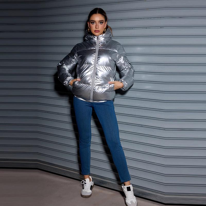 Зимняя модная блестящая куртка-пуховик с капюшоном для женщин с длинным рукавом, однотонная, облегающая, теплая, хлопковая куртка-парка