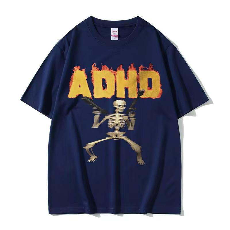 ADHD Skeleton Meme Vintage T Shirt Humor Horror Funny Skull Graphic Tee Unisex Casual Oversized Streetwear Top for Unisex Women