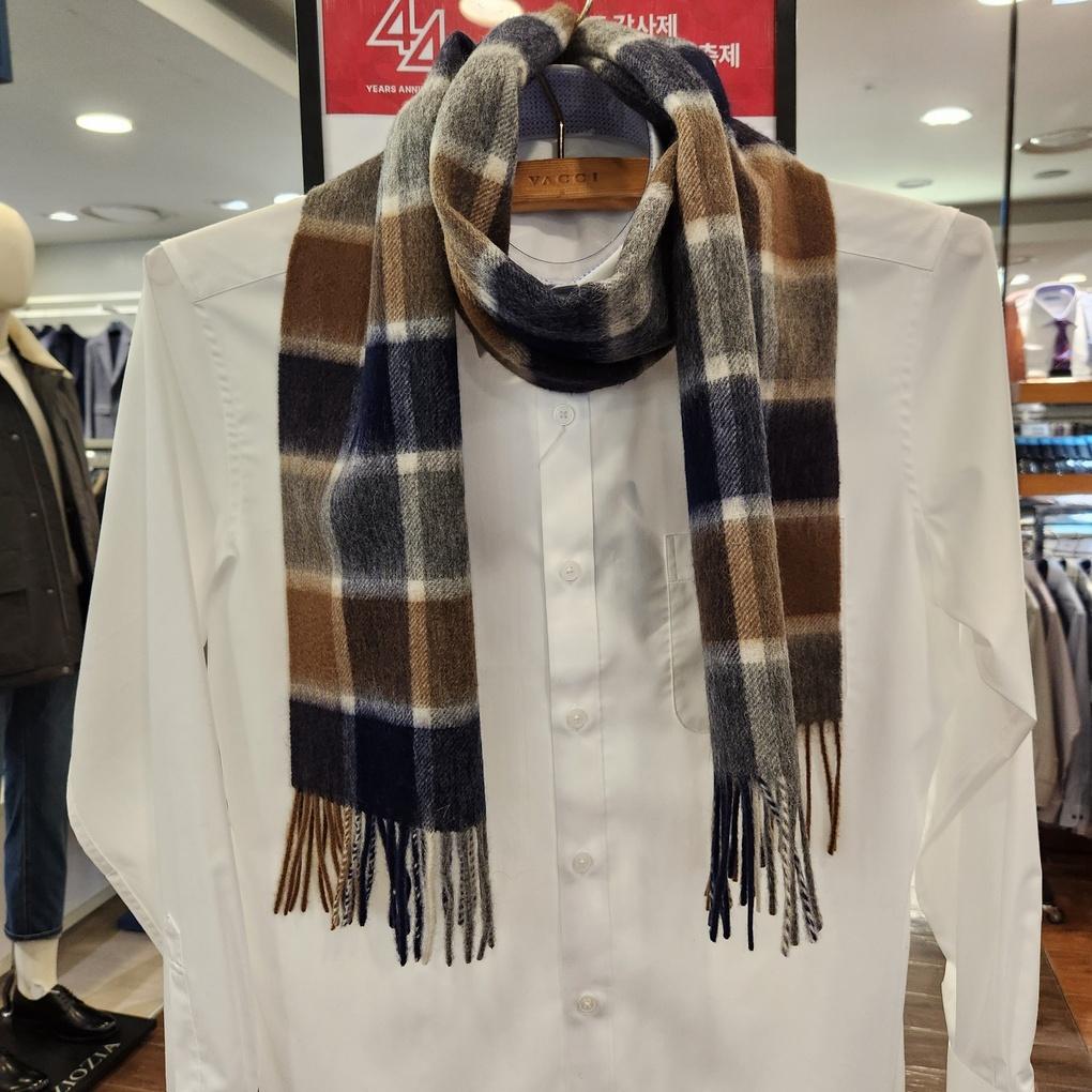 Men's Winter 100% Wool Long Muffler Beige Navy White Mixed Big Check Scarf VM1M 4BR118I0