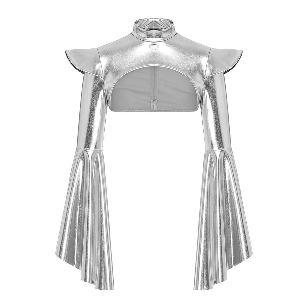Womens Gothic Metallic Shrug Split Flared Sleeve Mock Neck Back Invisible Zipper Crop Top