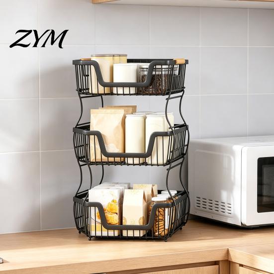 Countertop Organizer Rack 2/3 Layer Rack, Heavy Duty Fruit Basket Stand, Kitchen Counter Space Saving Carbon Steel Storage for Kitchen, Pantry 3 Tier