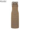 ZANZEA Женские винтажные трикотажные платья с круглым вырезом без рукавов в полоску