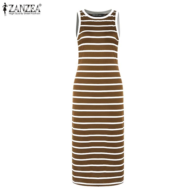 ZANZEA Женские винтажные трикотажные платья с круглым вырезом без рукавов в полоску