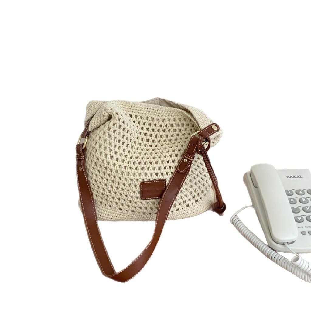 Casual Simple Hollow Cotton Thread Woven Bag Women'S Summer Pastoral One Shoulder Messenger Bag Large Capacity Tote Bag