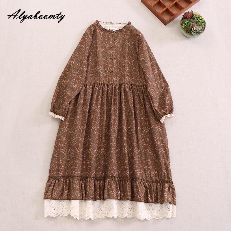 Mori Girl, весенне-осеннее женское платье в стиле ретро с воротником-стойкой, синее, абрикосовое, кофейное, с цветочным принтом, хлопковое и льняное винтажное свободное платье миди