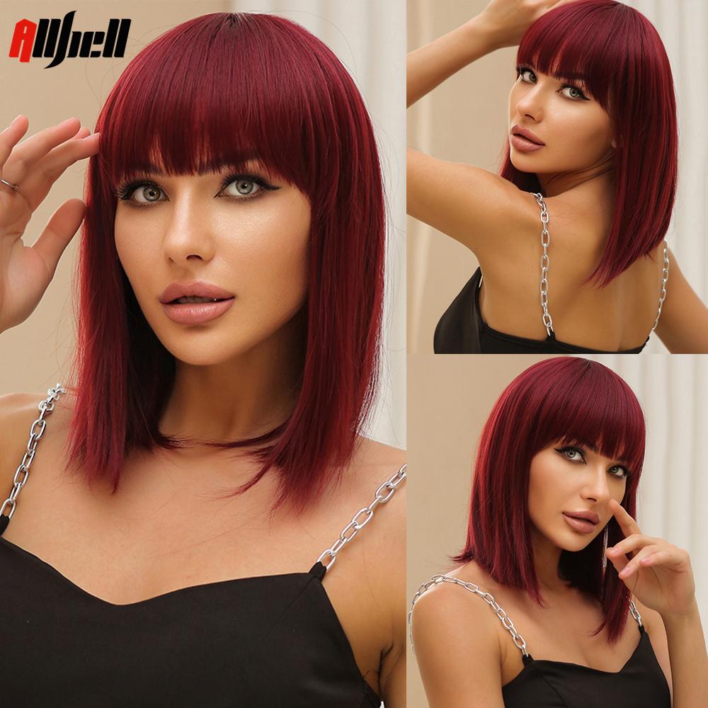 Bob Wavy Synthetic Wigs With Bangs for Women Blonde Ombre Medium Length Water Wave Wig Heat Resistant Fiber Hair Party Cosplay