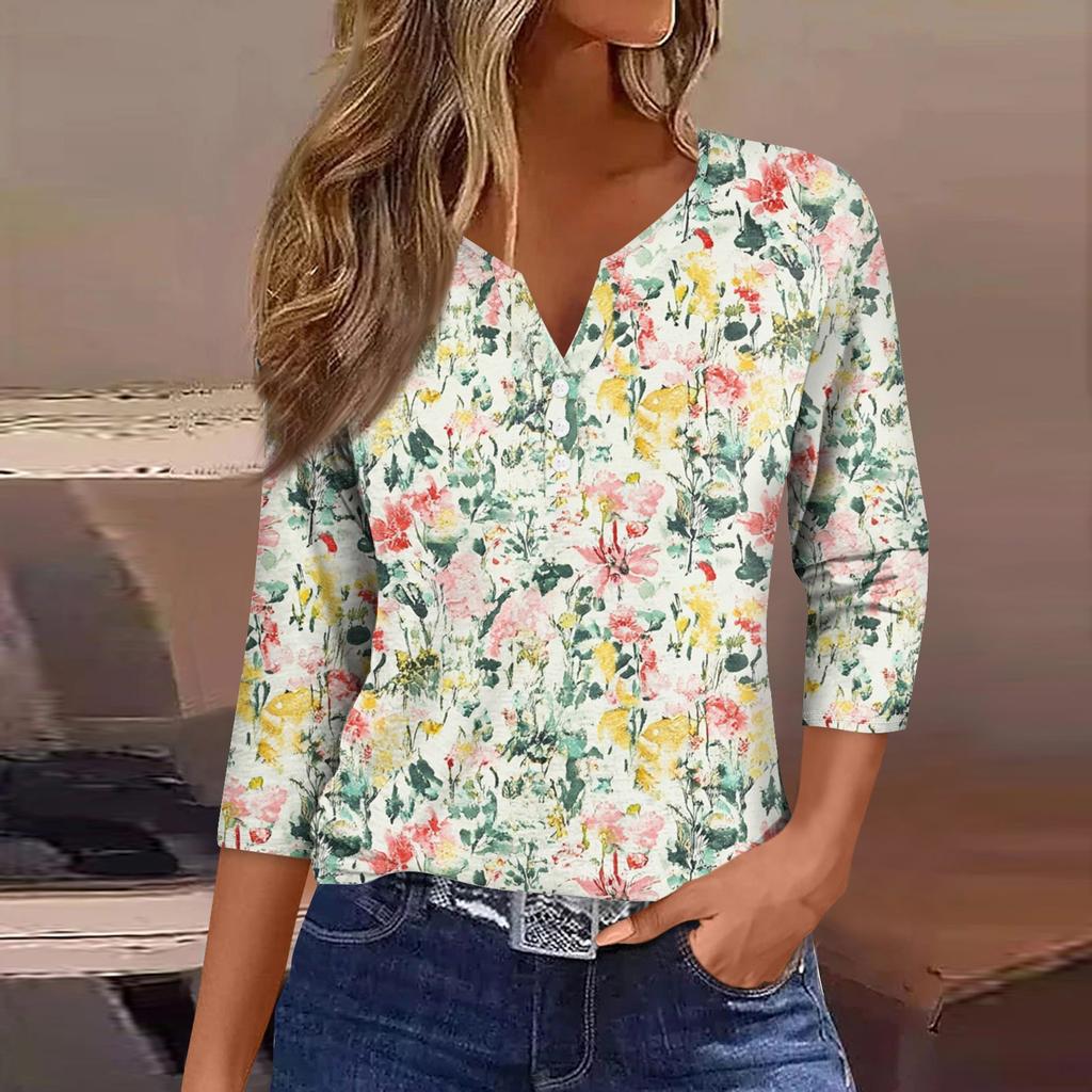 Женская модная повседневная футболка с коротким рукавом и V-образным вырезом, декоративными пуговицами и рукавом три четверти