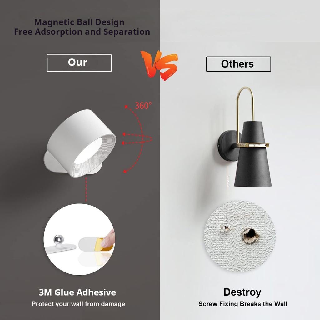 LED Wall Sconces Light, 3 Brightness Levels 3 Color Modes Wall Lights, 2000mAh Battery Operated 360° Rotatable Touch Control