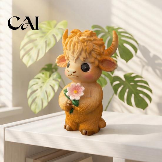 Unique Holiday Presents for Her Highland Cow Holding Flower Statue, Cute Resin Animal Figurine, Small Crafts Desk Farmhouse Sculpture Shelf