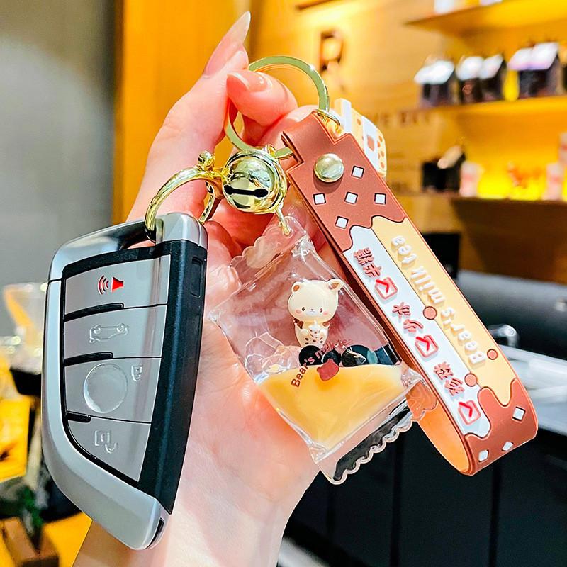 Stylish Acrylic Bear Keychain With Liquid Floating Milk Tea Design For Gifts