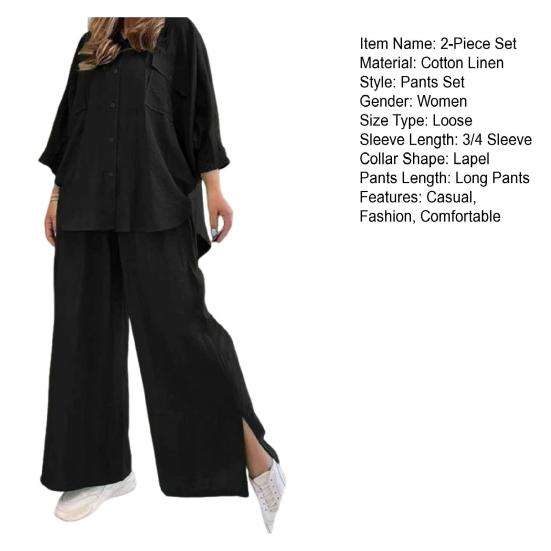 Женский комплект из хлопка и льна из двух предметов: рубашка на пуговицах с рукавом 3/4 и брюки с широкими штанинами и разрезом. Повседневный свободный домашний костюм.