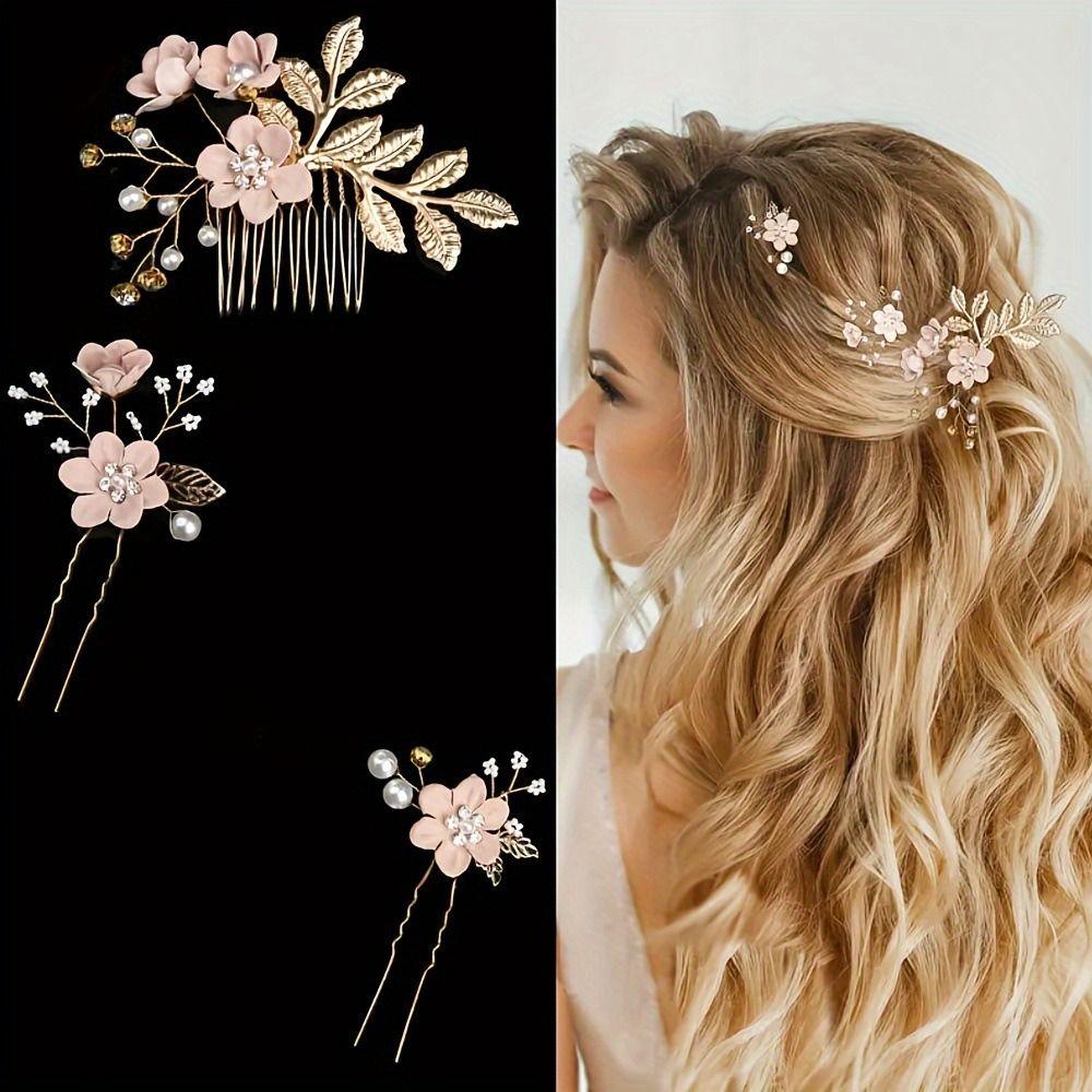 4Pcs/set Gold/Silver Bridal Headband Rhinestone Headpiece Elegant Flower Hair Comb Prom Event