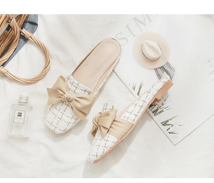 Fashion Luxury Woman Mules Summer Close Toe Women Slippers Bowtie Lazy Slides Flat Heel Girl Slippers Korean Outdoor Flip Flops