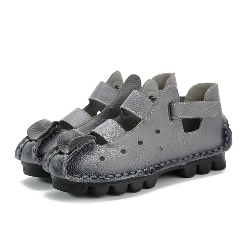 Summer Retro Handmade Genuine Leather Women Shoes Soft Flat Shoes Hollow Casual Women Sandals