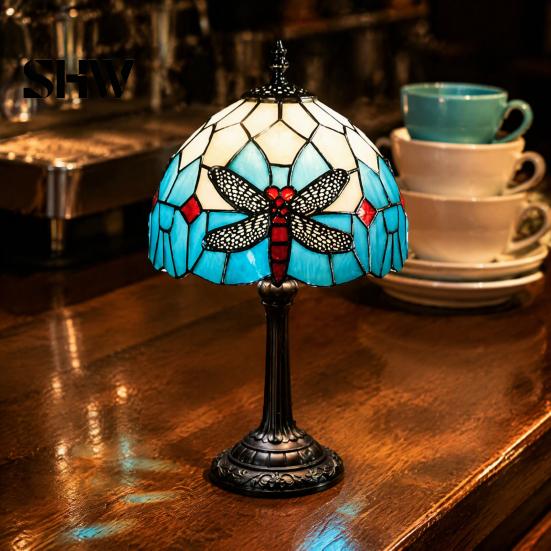 Vintage Dragonfly Bedside Lamp Tiffany Stained Glass Table Lamp, Blue Night Light, Artistic Home Decor Light Decorative Atmosphere for Bedroom Living