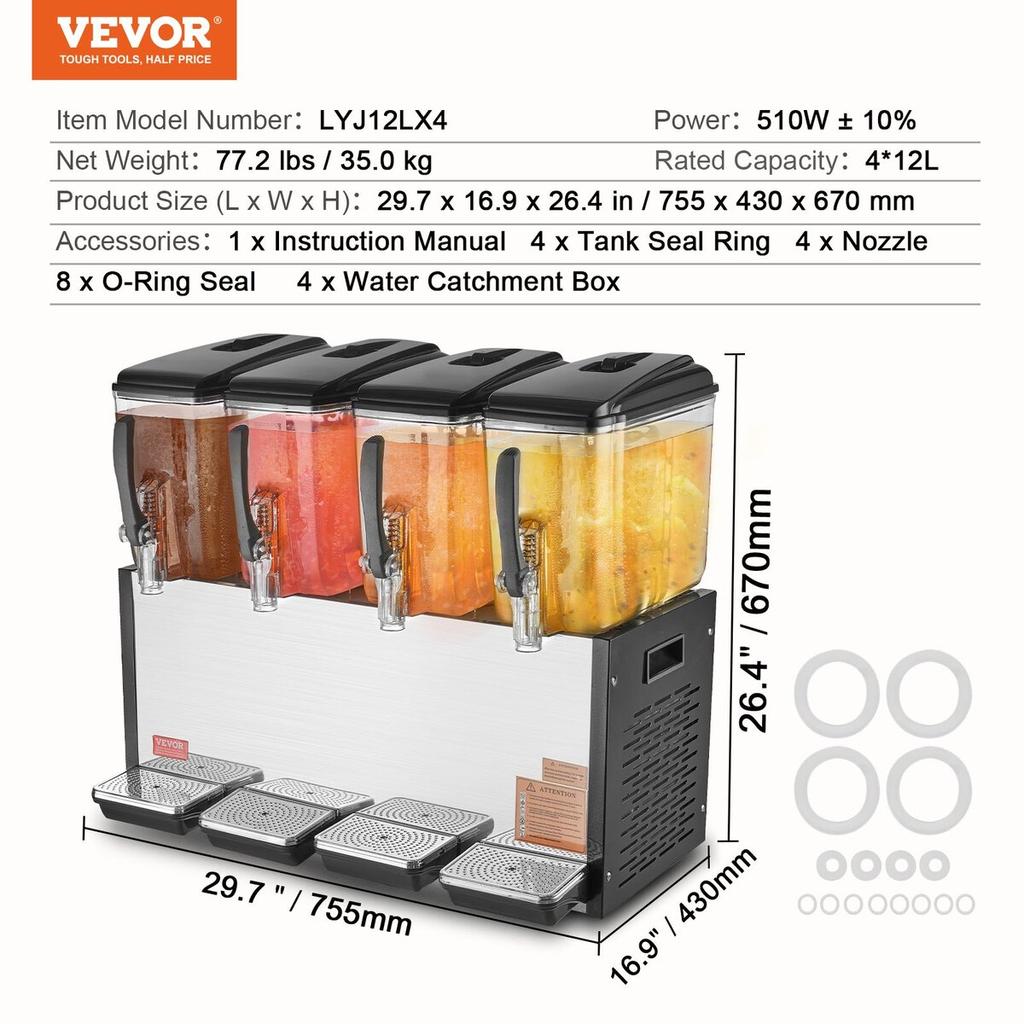 Commercial Beverage Dispenser 12L x 4 Tanks Cold Juice Ice Drink Dispenser