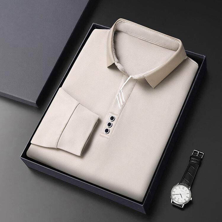 Men Long Sleeve Polo Shirt Solid Color Turn Down Collar Loose Fit Business Casual Top Autumn