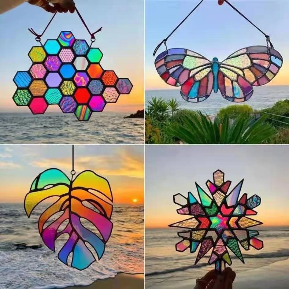 Stained Glass Window Hanging Honeycomb Multicolor Butterfly Bee Stained Glass Panels Stain Glass Hummingbird Window Hanging