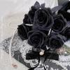 10 шт. искусственных цветов со стеблями, черные розы, искусственные шелковые цветы, свадебный готический букет, реалистичная цветущая флора для украшения домашнего офиса