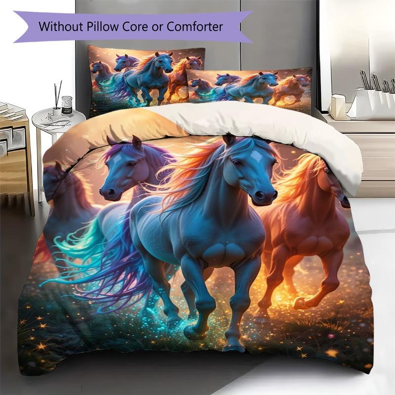 Magical Running Horses Glowing Sparkle Meadow Print 3 Pieces Duvet Cover Set Fantasy Animal Bedding Bedroom Home Decor Without Pillow Core Comforter