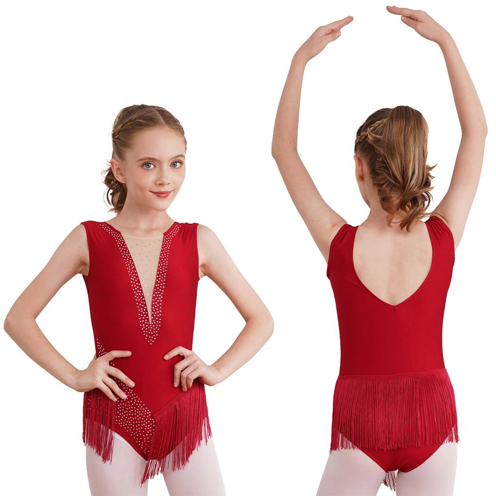 Kids Girls Shiny Figure Skating Sleeveless Leotard Rhythmic Gymnastics Fringed Bodysuit