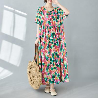 Женское платье больших размеров, новинка 2024 года, летние зеленые платья, свободные платья с круглым вырезом и цветочным принтом, новинка 1042