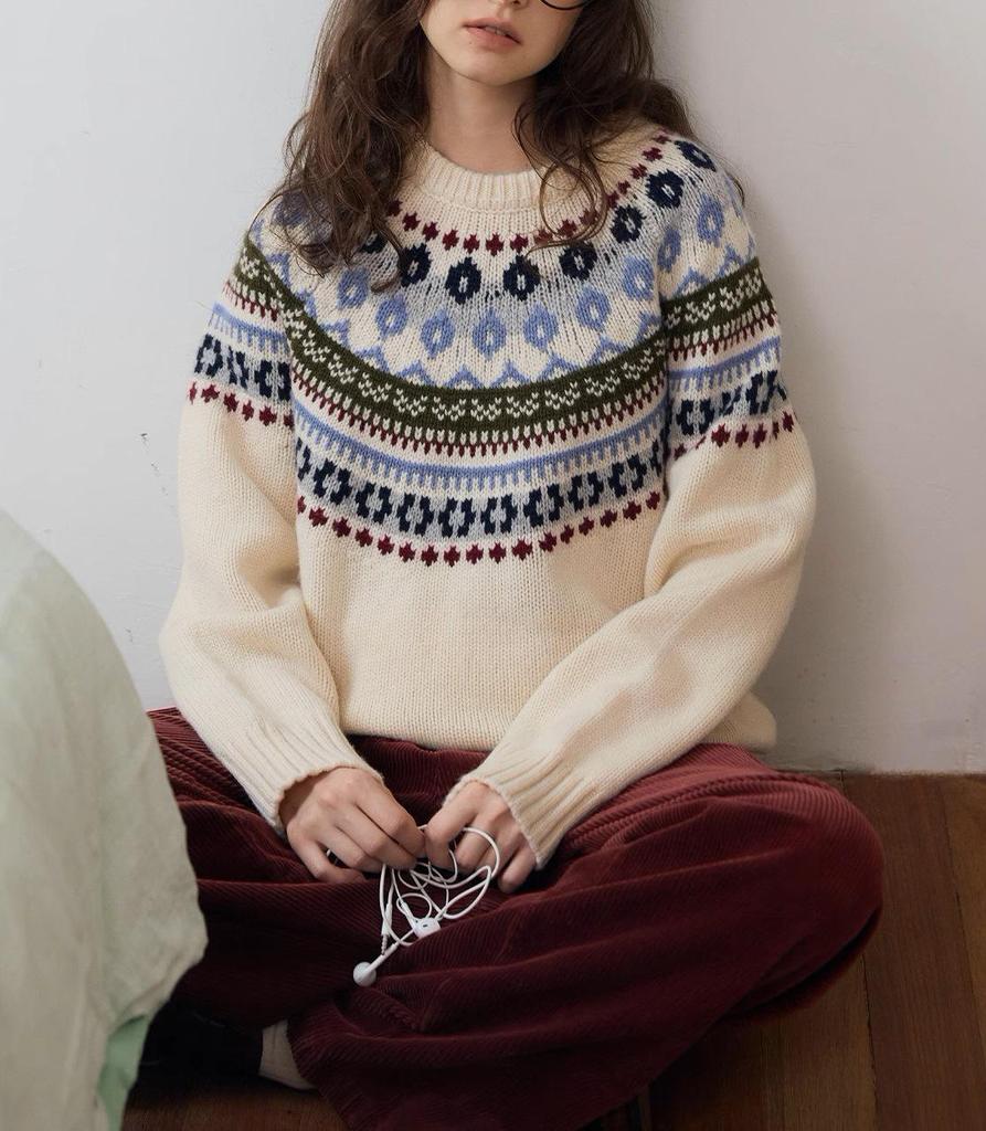 Зимний свитер Nordic Light Retro с рукавами реглан Fair Isle для женщин 2024 года