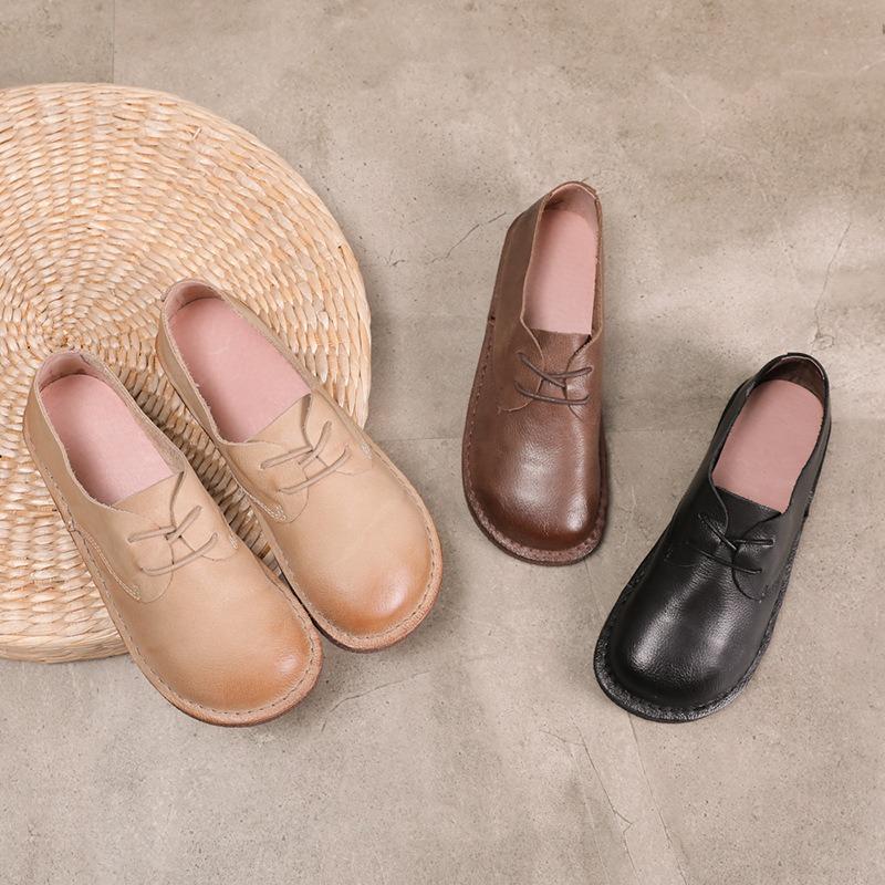 Весенние и летние кожаные туфли ручной работы с круглым носком на плоской подошве из мягкой коровьей кожи для женщин