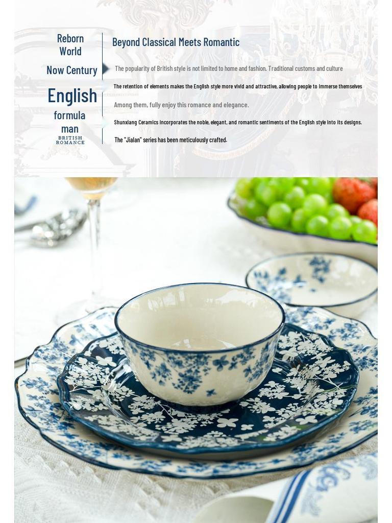 Shunxiang Jialan English Retro Ceramic Bowl & Plate Set - Underglaze Tableware for Soup & Rice.