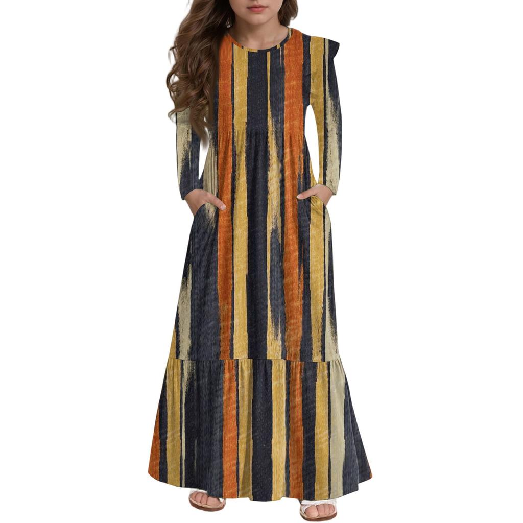 Платье с многоярусными оборками для девочек - Макси с длинным рукавом и принтом, с карманами