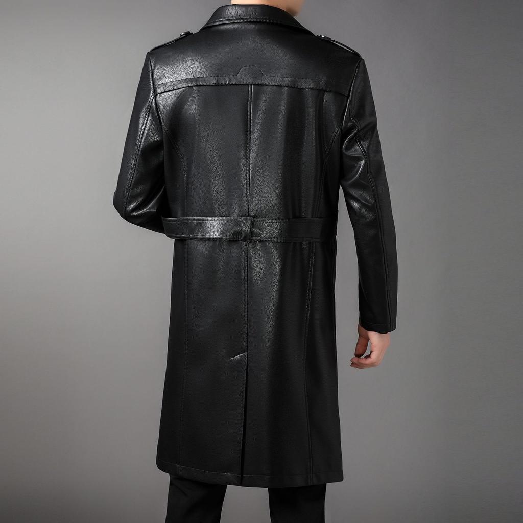 Long Leather Men Autumn and Winter New Cashmere Double-breasted Business Casual Fashion Leather Trench Coat Men Wear