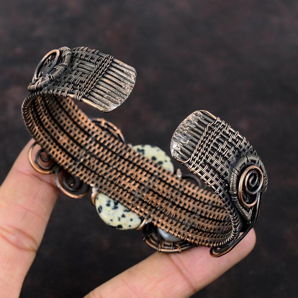 Браслет-манжета из далматинской яшмы, браслет из медной проволоки, браслет с радужным лунным камнем, регулируемый браслет, ювелирное изделие ручной работы, подарок для него