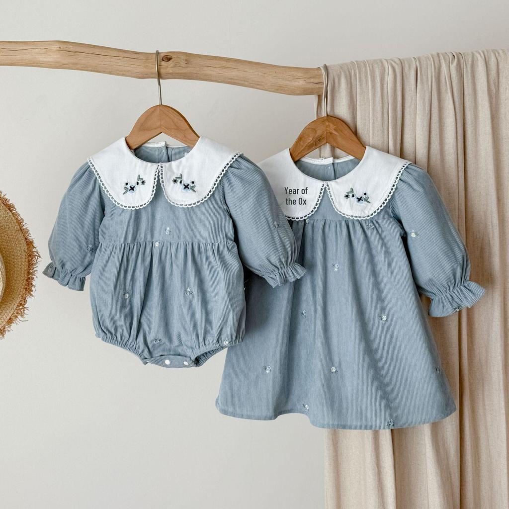 Набор из платья с длинным рукавом и боди для девочек в корейском стиле с вышитым воротником