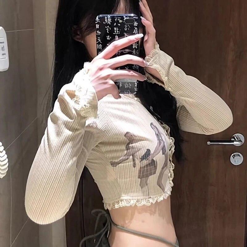 2KWEIRD Y2k Clothes Retro Campus Style Print Slim Long-Sleeved Summer Design Lace Short Cardigan Top Grunge Clothes Ropa Mujer