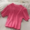 Women Girls Korean Pure Solid O-Neck Knitted Casual Cotton Slim Top Crop Short-Sleeve T-Shirt