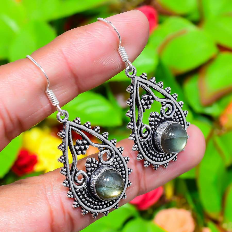 Серьги ручной работы из стерлингового серебра 925 пробы с натуральным лабрадоритом 2,05 дюйма Z9u42