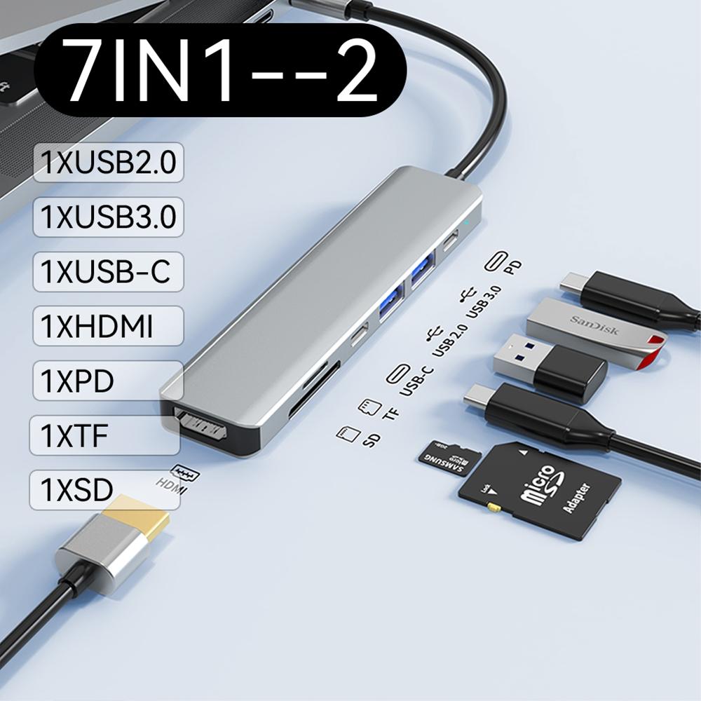 USB C Хаб 7 в 1 Type C на HDMI с картридером SD TF, PD 100 Вт, питание, 4K 60 Гц, HDMI док-станция, 2-USB 2.0 для ноутбука, ПК, Macbook