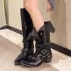 Длинные сапоги женские 2024 Новые остроносые сапоги на толстом каблуке до колена Черные сапоги в стиле панк Ретро роскошные туфли Zapatos De Mujer