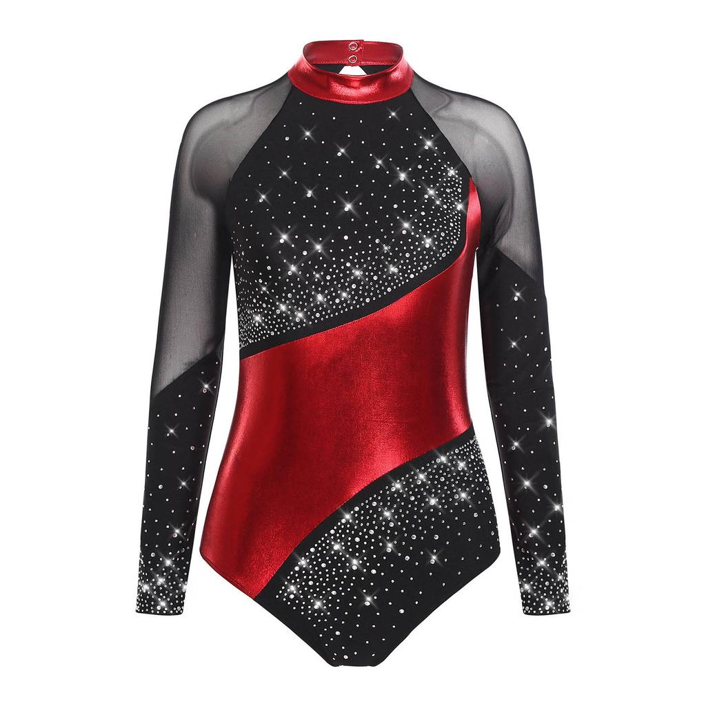 Женский гимнастический купальник - Дизайн с металлическими цветовыми блоками, воротником-стойкой, длинным рукавом и вырезом-капелькой на спине