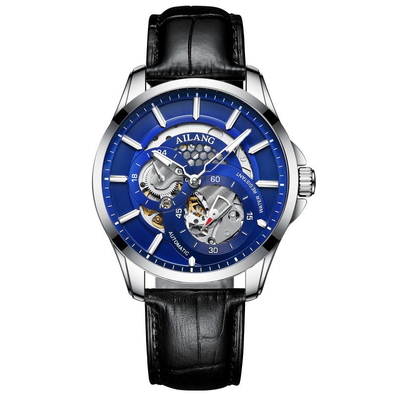 AILANG Men Automatic Mechanical Wristwatch Hollow Skeleton Dial Stainless Steel Band Business Sport Male Watch