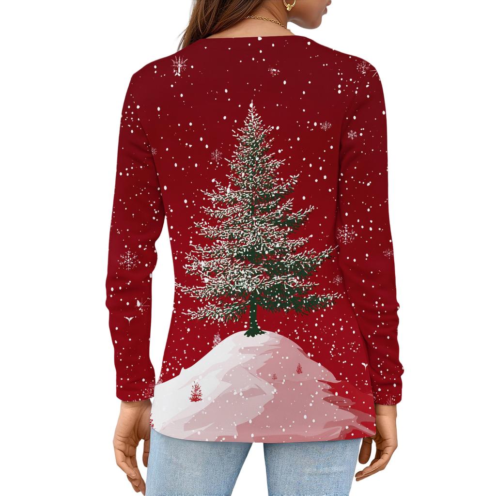 Женская модная повседневная футболка с разрезом по низу, круглым вырезом, длинными рукавами, свободного кроя, с рождественским принтом, женский топ