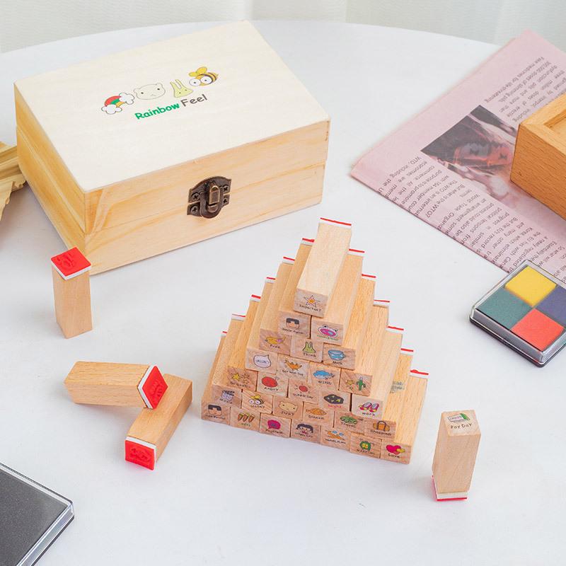 Набор штампов для дневника в деревянной коробке: Милые дизайны с кроликами и кошками, 40 штук, 4 стиля