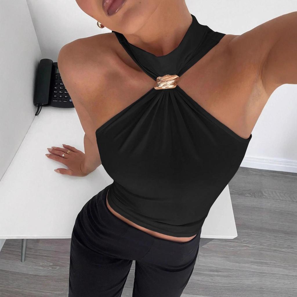 2025 Весна/Лето Женский Топ с высоким воротом, металлическим кольцом, без рукавов, с открытыми плечами, эластичный жилет